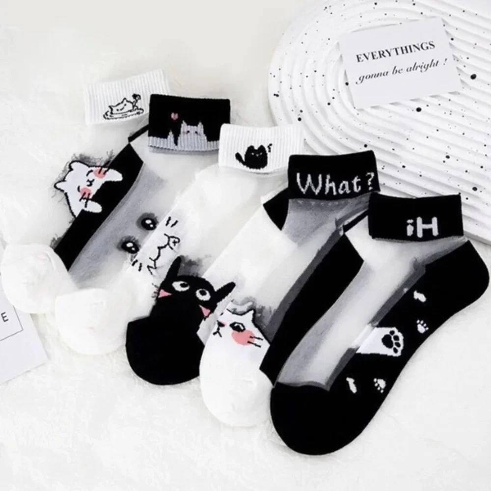5 pair black white and sheer novelty ladies cat ankle socks cute